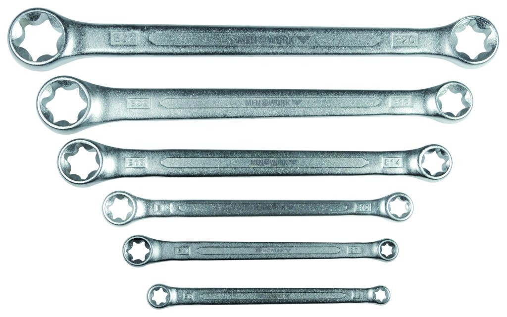 MEN@WORK 6-teiliger Doppelringschlüssel-Satz, E-Profil, Größen E6-E24 - Hochwertiges Werkzeug für Pr