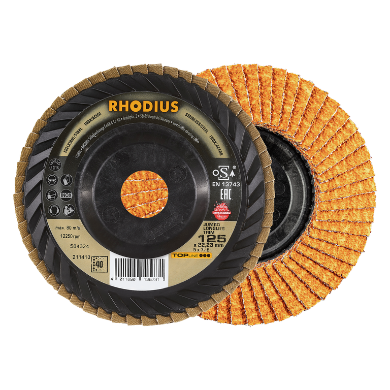 RHODIUS JUMBO LONGLIFE TRIM - Fächerschleifscheibe 125mm, 22.23mm Bohrung, Korngröße 40: Für den pro RHODIUS JUMBO LONGLIFE TRIM - Fächerschleifscheibe 125mm, 22.23mm Bohrung, Korngröße 40: Für den pro