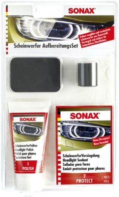 Scheiwerfer-Aufbereitungsset SONAX - Verbesserte Lichtausbeute, Schonende Reinigung & Wertsteigerung Scheiwerfer-Aufbereitungsset SONAX - Verbesserte Lichtausbeute, Schonende Reinigung & Wertsteigerung