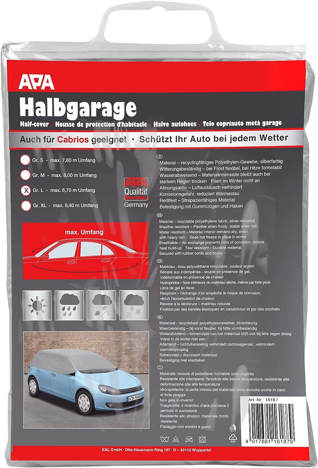 APA Halbgarage Größe L - Autoplanen Schutz für Kleinwagen, Limousinen, Kombis, Vans APA Halbgarage Größe L - Autoplanen Schutz für Kleinwagen, Limousinen, Kombis, Vans