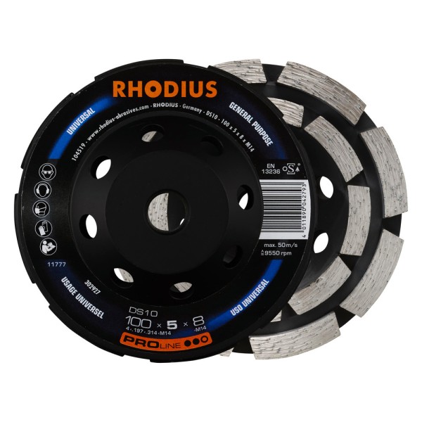 RHODIUS DS10 - Hochleistungs-Diamantschleiftopf 100x5.0x8.0mm - Ideal für Bau-, Renovierungs- und Ti