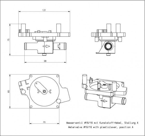 Aurora Wasserventil (16/16mm) mit Kunststoff-Hebel & Bowdenzug (Stellung C): Gebläsezubehör