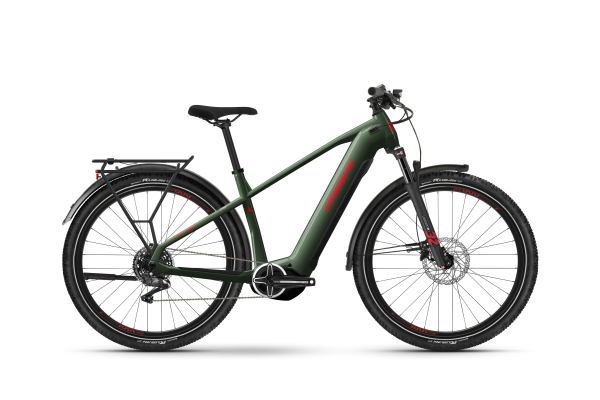 HAIBIKE Trekking 5 (EAN 4054624152450) in glänzendem Olive/Rot - Perfektes E-Bike für Abenteuerlusti