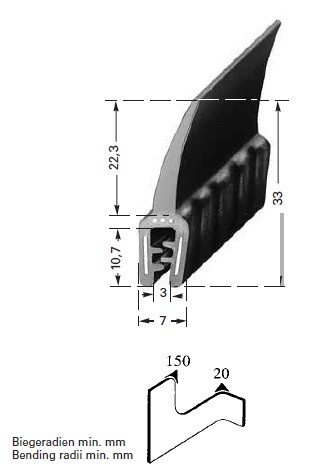 Gista-Profil 53 von HAPPICH mit Dichtlippe schwarz- Kantenschutz und Profile für Klemmbereich 1-3mm