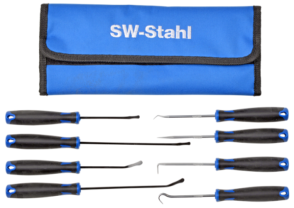SW-STAHL Hakensatz 8-teilig - Ideal zum Hebeln von O-Ringen, inklusive Rolltasche