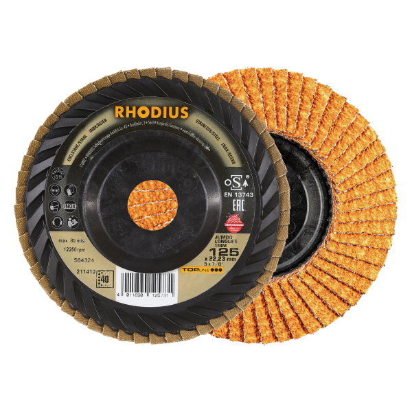 RHODIUS JUMBO LONGLIFE TRIM - Fächerschleifscheibe 125mm, 22.23mm Bohrung, Korngröße 40: Für den pro