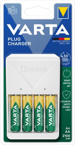 VARTA Plug Charger inklusive 4xAA Batterien - Vielseitiges Ladegerät für den täglichen Gebrauch