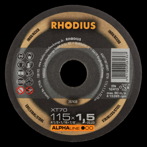 RHODIUS Alphaline XT 70 ALPHA Trennscheibe Ø115mm, 1.0mm Dicke - ideal für Edelstahl und Stahlbearbe