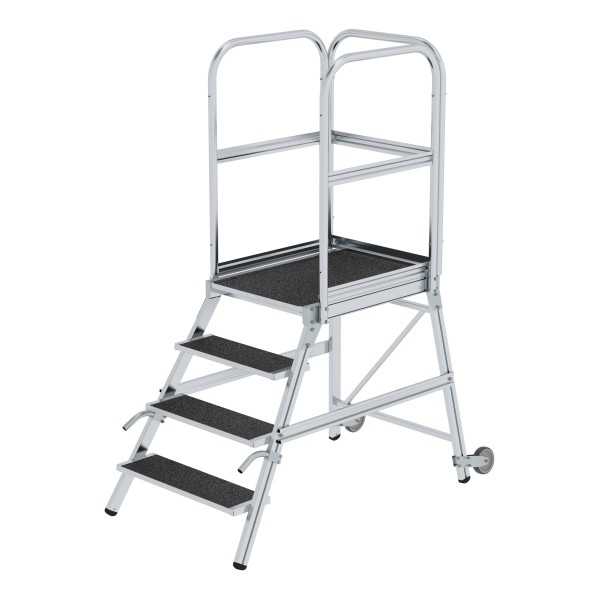 Podesttreppe 4 Stufen - einseitig begehbar, mobil mit Rollen und Stabilen Rechteckrohr-Holmen - von