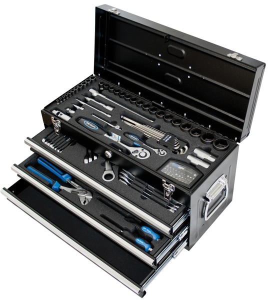 SW-STAHL Werkzeugkasten + 1/2, 3 Auszüge, Deckelfach, abschließbar und 108 Profi-Werkzeuge - ideal f