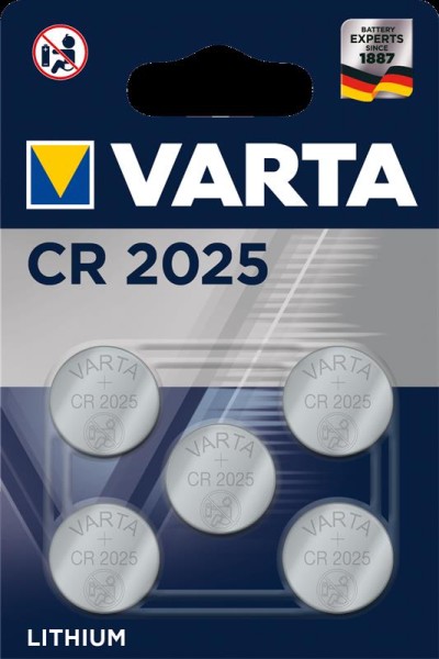 VARTA Lithium-Knopfzelle CR 2025 im 5er Blister - Langanhaltende Batterien